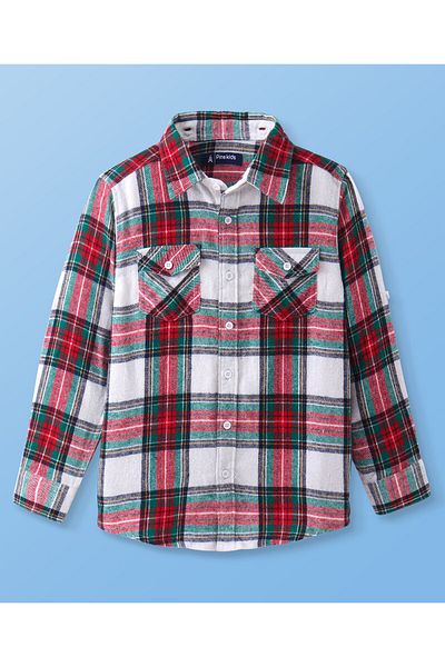 Pine kids قميص Pine Kids المنسوج من القطن بأكمام طويلة وغطاء رأس ومزين بنقشة مربعات - متعدد الألوان