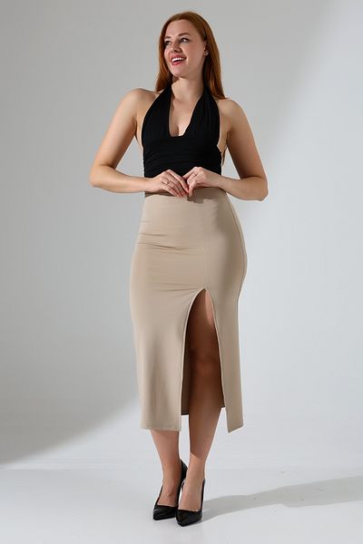 winmoda Γυναικεία φούστα Lycra Midi - Μπροστινό σκίσιμο, Υλικό Lycra