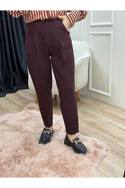 Flow Plum Color Belted Trousers with Back Pocket Detail