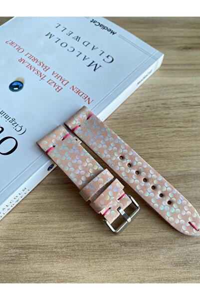 Prizma El Dikişi Pembe Hologram Desen Kırmızı Dikiş Gerçek Deri Saat Kordonu....