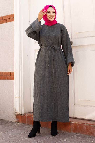 Tesettür Dünyası Smoked Low Sleeve and String Tie Knitwear Dress - TSD240708