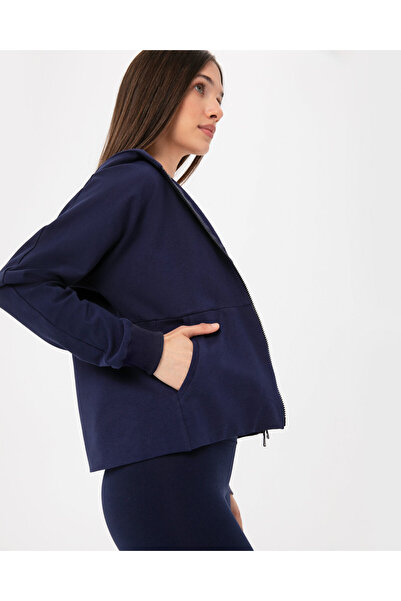 Ayma Active Navy Blue Zippered Hooded Sweatshirt with Pocket