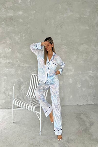 PijaLook Glow Mavi Renkli Lacivert Çizgli Saten Takım