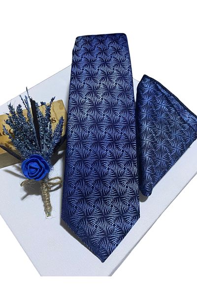 BG TASARIM Blue Patterned Tie Pocket Handkerchief and Collar Flower Set