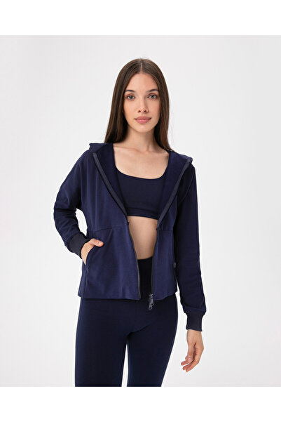 Ayma Active Navy Blue Zippered Hooded Sweatshirt with Pocket