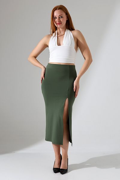 winmoda Lycra Midi Skirt for Women - Front Slit, Lycra Material