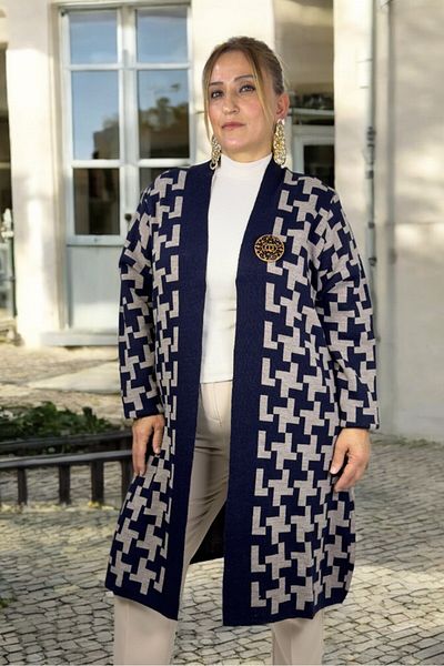 yagmurberen Geometric Patterned Broch Detailed Long Sleeve Shal Collar Large Size Knitting Cardigan