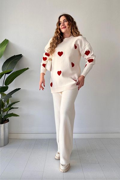 Colina Crew Neck Heart Sweater Pants Knitwear Bottom Top Set