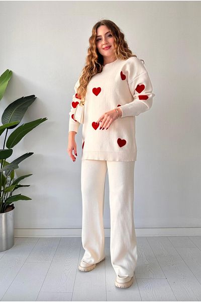 Colina Crew Neck Heart Sweater Pants Knitwear Bottom Top Set