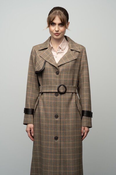 Olcay Plaid Patterned Cloak and Leather Detailed Top Coat - TABA 6614