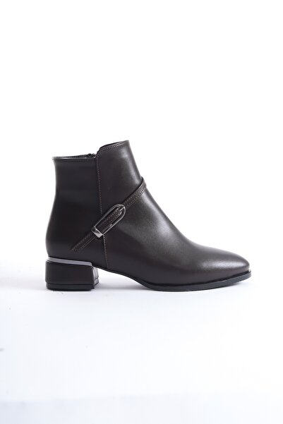 Modabuymus Kaltas Acı Kahve Rengi Tokalı Kısa Kalın Topuklu Bot