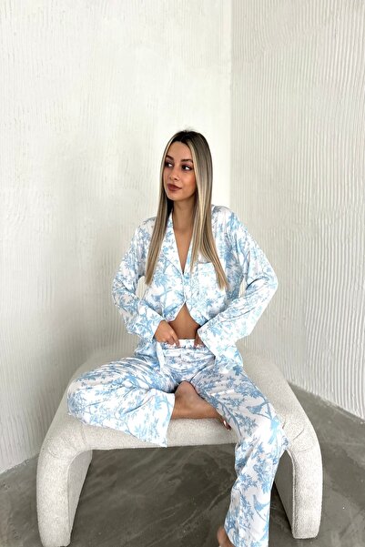 PijaLook Fluer Desenli Mavi Baskılı Saten Takım