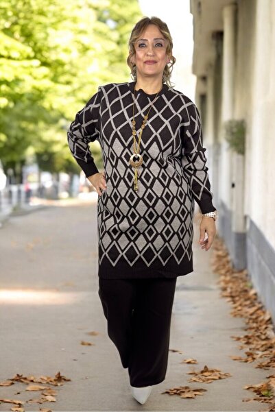 yagmurberen Geometric Patterned Accessory Detail Mini Slip 100% Acrylic Fabric Large Size Bottom Top Suit