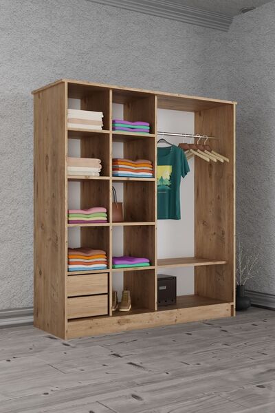 AEKA Ae-4001 Zambak Sürgülü Dolap Çok Raflı Çekmeceli Askılı Çam Kasalı (Beyaz-Beyaz Kapaklı) Gardırop