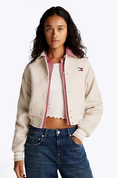 Tommy Hilfiger Dámský krátký bomber kabát Varsity – krémový