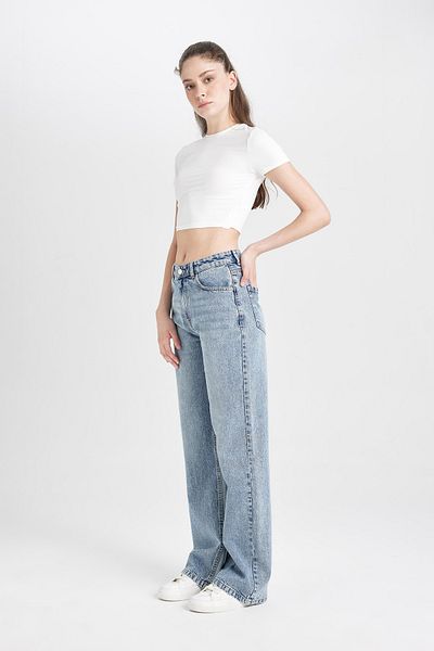 DeFacto Straight Wide High Waist Straight Leg Long Jeans Washed Pants