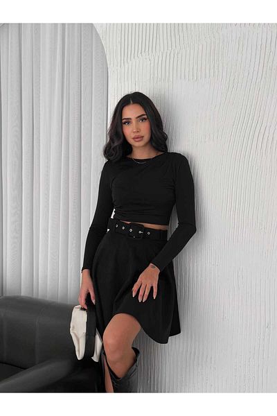 winmoda Fusta evazată din piele intoarsa - Fusta din piele intoarsa cu centura