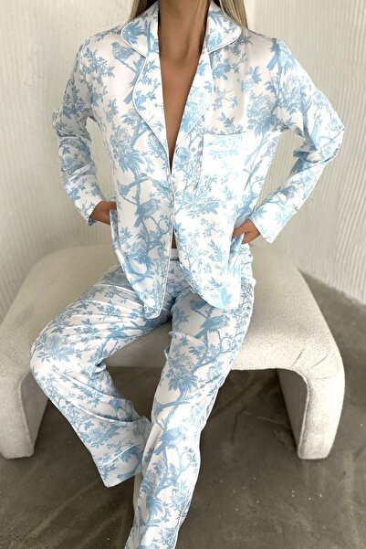 PijaLook Fluer Desenli Mavi Baskılı Saten Takım