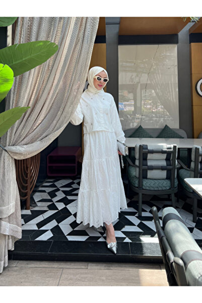 PİNK FLY Stone Detailed Floor-Length Scallop Hijab Set White