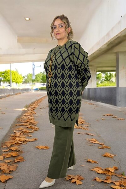 yagmurberen Geometric Patterned Accessory Detail Mini Slip 100% Acrylic Fabric Large Size Bottom Top Suit