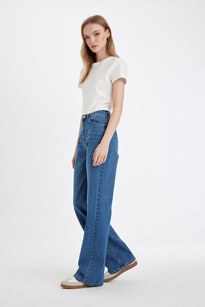 DeFacto Straight Wide High Waist Straight Leg Long Jean Washed Trousers D5045Ax24Cw