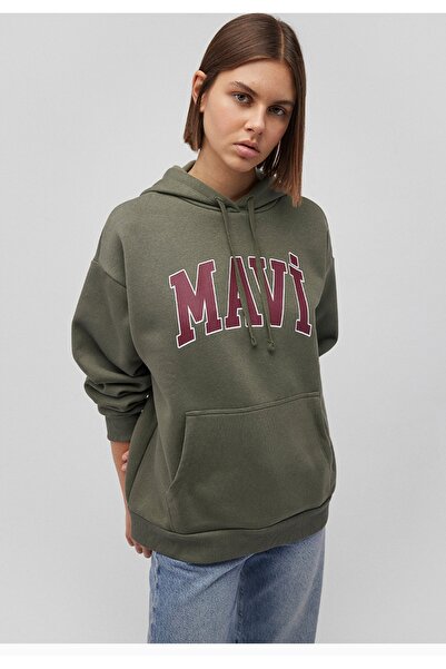 Mavi logo baskılı kapüşonlu haki oversize sweatshirt