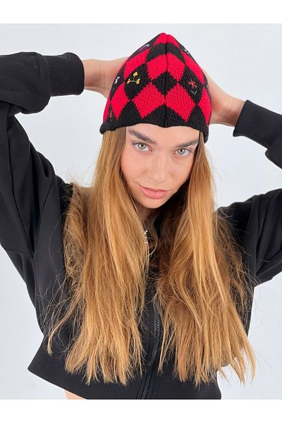 Miss Poem Women's Patterned Hand Knitted Girl Winter Knitwear Black-Red Beret