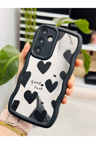 Go Aksesuar جراب سيليكون بتصميم قلب أسود عاكس متوافق مع هاتف Samsung Galaxy A55