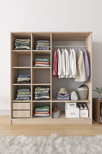 AEKA Ae-4001 Zambak Sürgülü Dolap Çok Raflı Çekmeceli Askılı Sonomo Kasa (Gri-SonomoKapaklı) Gardırop