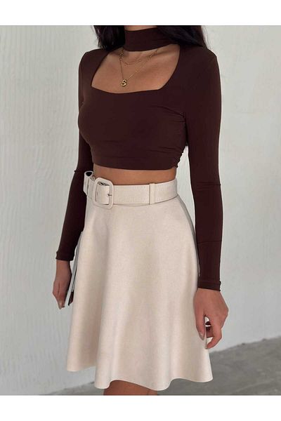 winmoda Suede Flared Skirt - Belted Suede Skirt