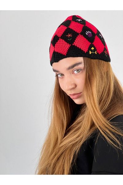 Miss Poem Women's Patterned Hand Knitted Girl Winter Knitwear Black-Red Beret