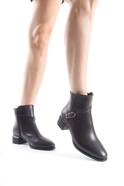 Modabuymus Kaltas Acı Kahve Rengi Tokalı Kısa Kalın Topuklu Bot