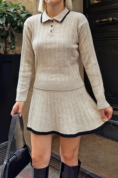 Cistern İstanbul Women's Beige Polo Neck Stripe Detailed Skirt Sweater Double Set