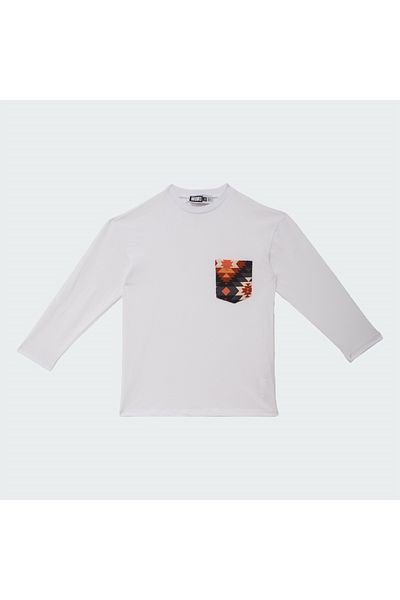 mumuko Boy's Mosaic Pocket Detailed Long Sleeve White Tshirt 100% Cotton