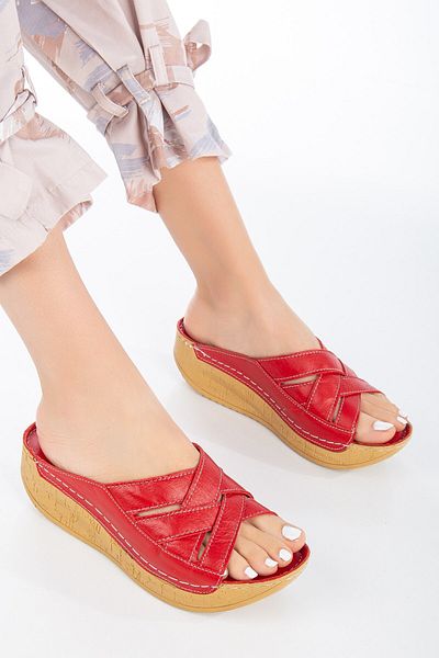 The Dortex Shoes Drttery01 Genuine Leather High Heeled Soft Full Orthopedic Slippers with Stitched Edges