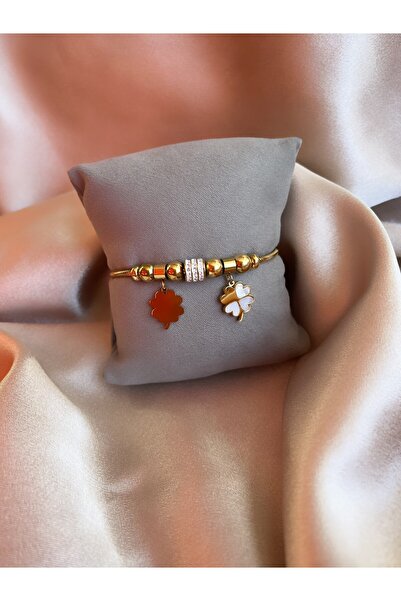 Butik Yonca Ve Taşlı Gold Çelik Bileklik