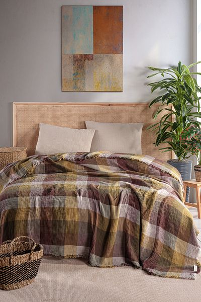 MYLASA HOME Mylasahome Plaid Patterned Double Bedspread 240X260
