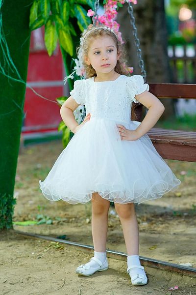 META MODA White Short Sleeve Scalloped Blouse Tulle Skirt Girl's Dress Angel