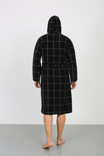 Homelover Ανδρικό μπουρνούζι με κουκούλα 100% βαμβακερό τετράγωνο ριγέ μαύρο - Μπουρνούζι υψηλής απορρόφησης Ultra Luxury