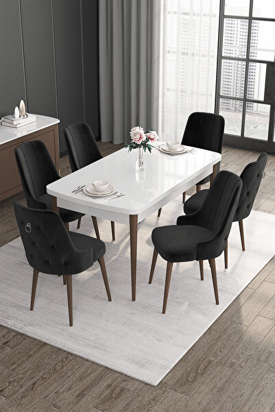 Canisa Noa Serisi 80x132 Açılabilir Mdf Beyaz Masa Ceviz Ayak Masa Takımı 6 S...