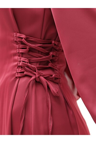 Modamorfo Saténové šaty se zavazováním na bocích a elastickými rukávy - vínové