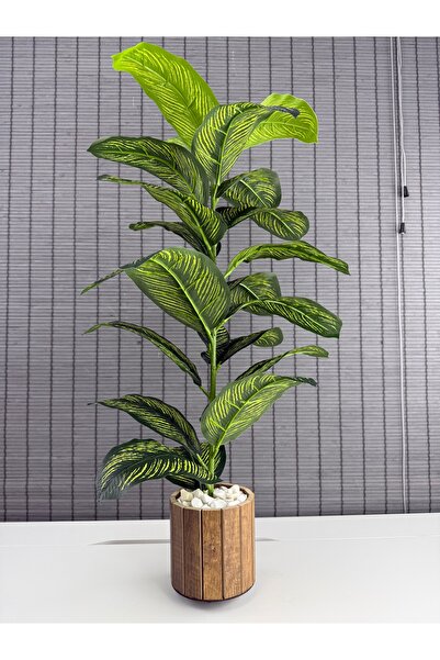 Bahçem Yapay Yapraklı Dua Çiçeği Tropik Sarı Şeritli Salon Bitkisi Ahşap Saksılı 23 Yapraklı 85cm