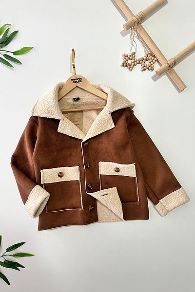 Minigimin Cicileri Унисекс велурено яке My Little Ones с копчета от кожа - светлокафяво