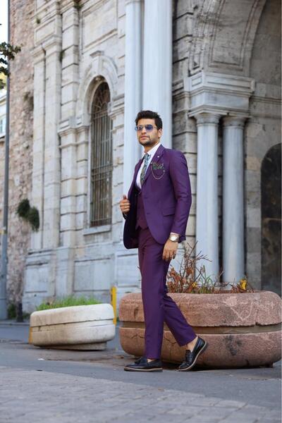 LONATOLİA Erkek Takım Elbise Kırlangıç Yaka İtalyan Stil Slim Fit Ceket Yelek Pantolon
