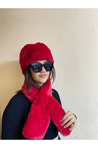sema aksesuar Valentine's Day Gift Furry Plush Heart Hat and Scarf Set - Winter Faux Fur