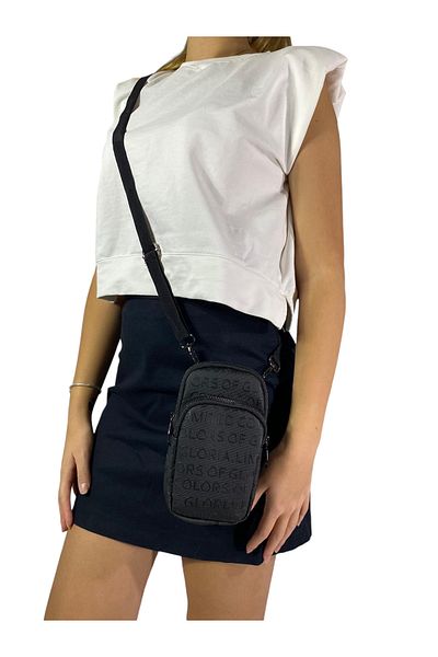 Gloria Black Two-Eye Strap Phone Bag: Width 9 Cm, Length 18 Cm, Width 6 Cm.