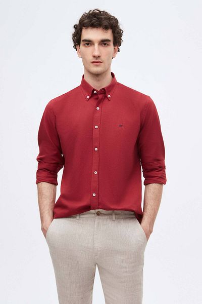 D'S Damat Slim Fit Claret Red Oxford με κουμπιά γιακά που σιδερώνει εύκολα βαμβακερό πουκάμισο με λεπτομέρεια κεντήματος