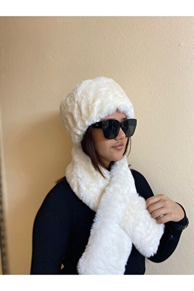 sema aksesuar Furry Plush Heart Hat and Scarf Set - Winter Faux Fur Valentine's Day Gift