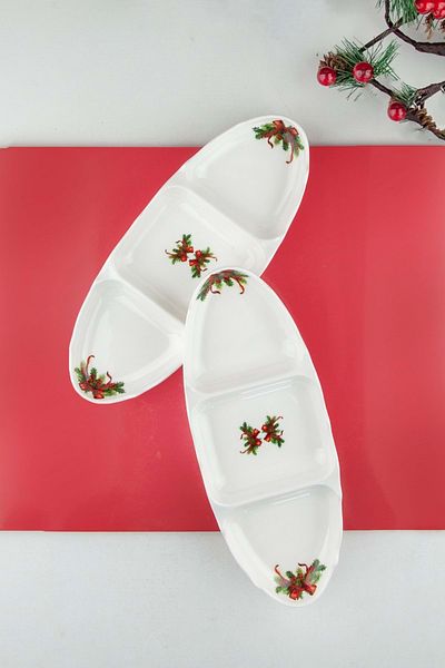Bursa Porselen Dekor Red Bows Porcelain Plate with 2 Compartments