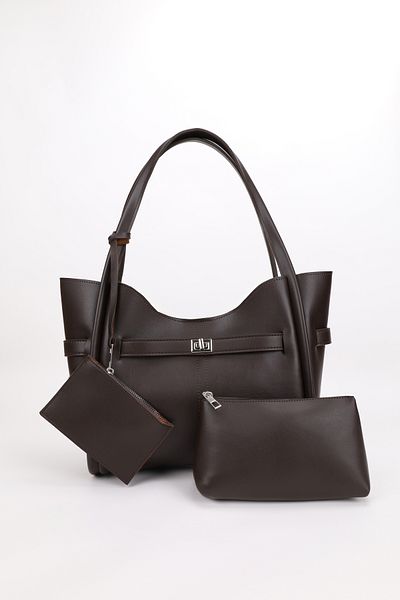 NOTHING Bitter Brown Color Snap Fastener Women's Hand and Shoulder Bag - with Wallet, Makeup Bag, L:25 W:38 W:15 cm
